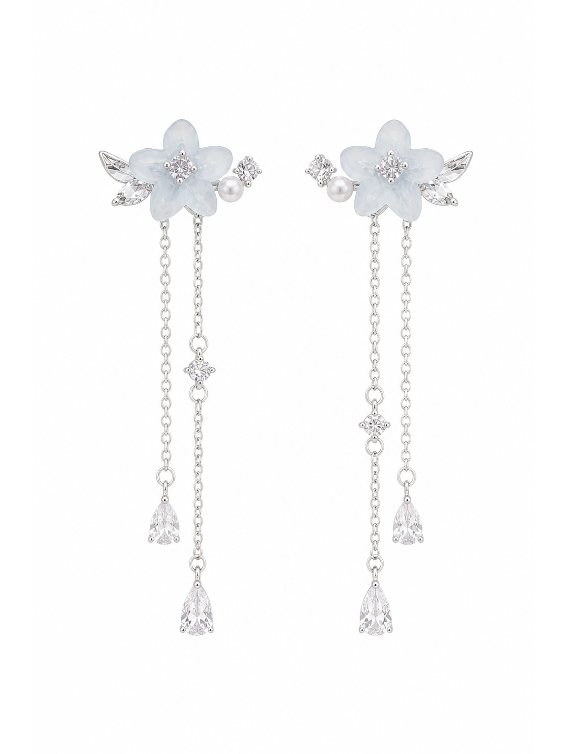 Blue Flower Tassel Rhodium with Sterling Silver Posts Earring 1