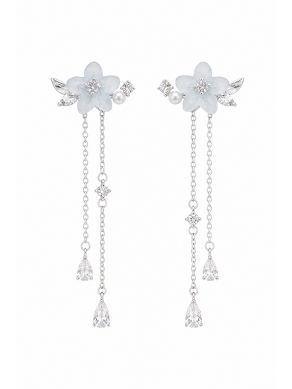 Blue Flower Tassel Rhodium with Sterling Silver Posts Earring 1
