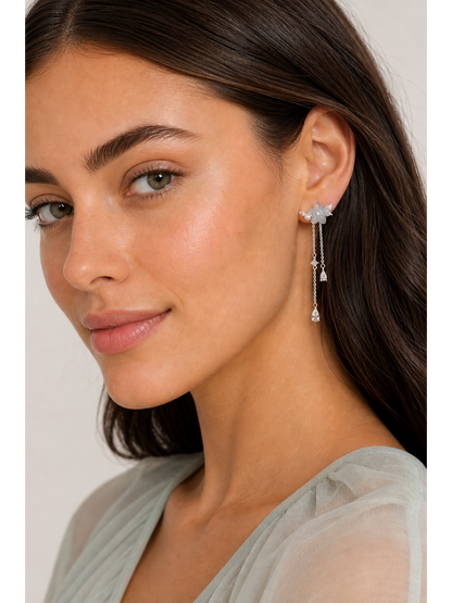 Blue Flower Tassel Rhodium with Sterling Silver Posts Earring 3