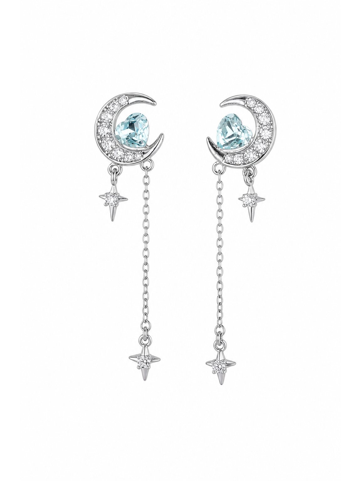 Blue Zircon Moon Tassel Rhodium with Sterling Silver Posts Earring 1