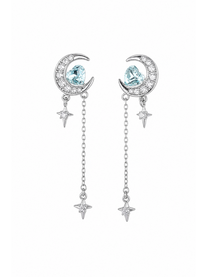 Blue Zircon Moon Tassel Rhodium with Sterling Silver Posts Earring 1