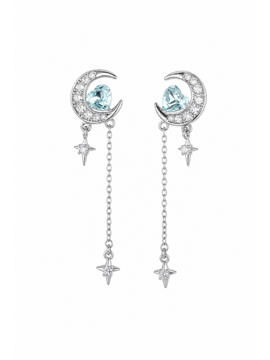 Blue Zircon Moon Tassel Rhodium with Sterling Silver Posts Earring 1