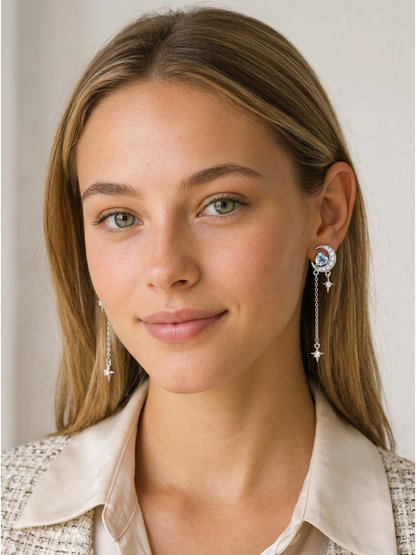 Blue Zircon Moon Tassel Rhodium with Sterling Silver Posts Earring 2