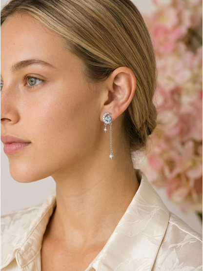 Blue Zircon Moon Tassel Rhodium with Sterling Silver Posts Earring 3