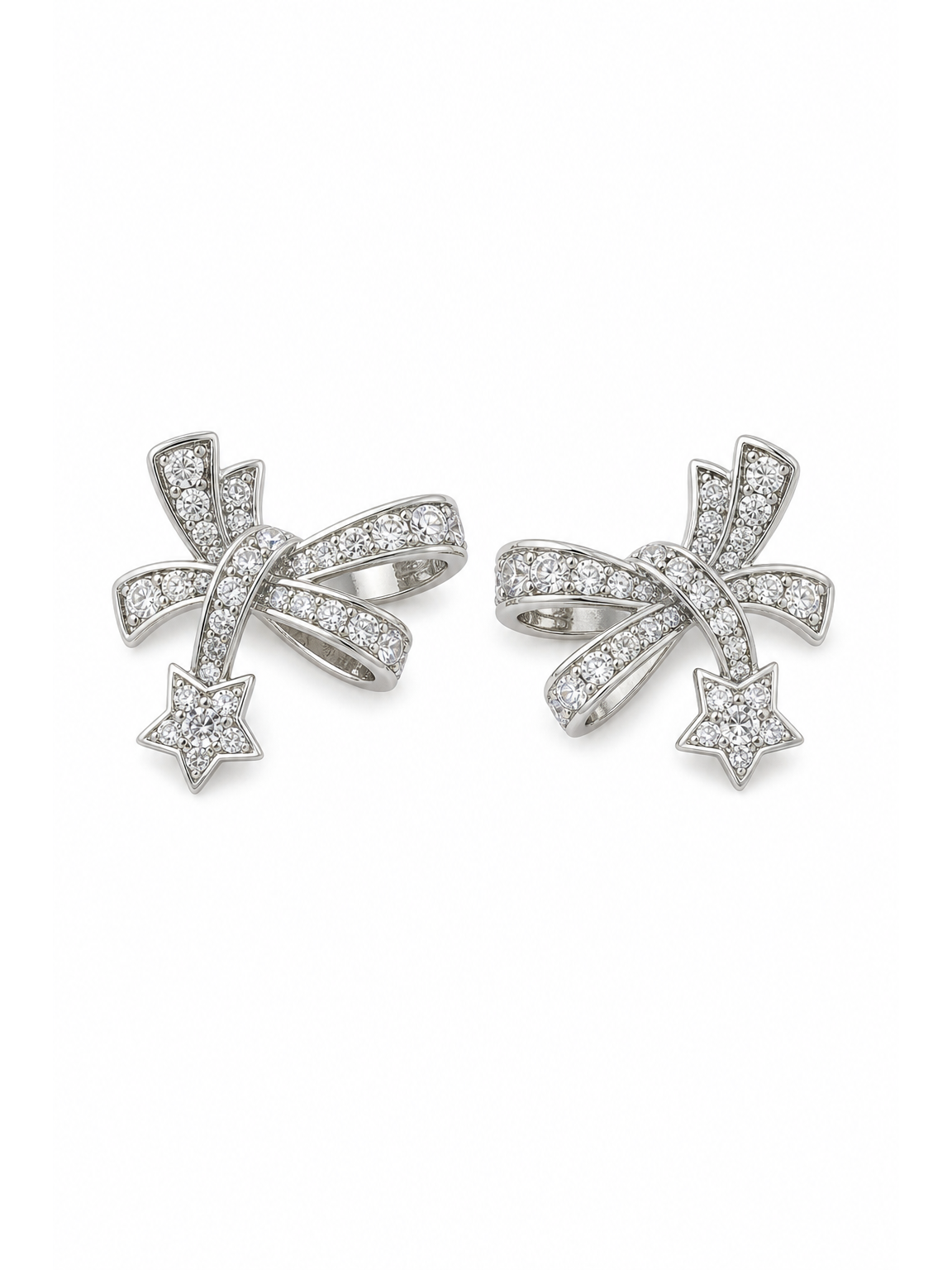 Bow And Star Zircon Rhodium with Sterling Silver Posts Earring 1