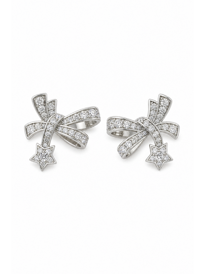 Bow And Star Zircon Rhodium with Sterling Silver Posts Earring 1