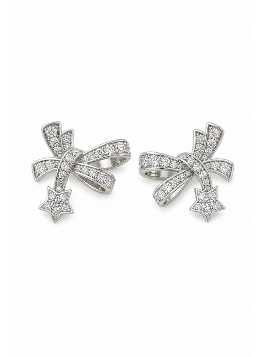 Bow And Star Zircon Rhodium with Sterling Silver Posts Earring 1