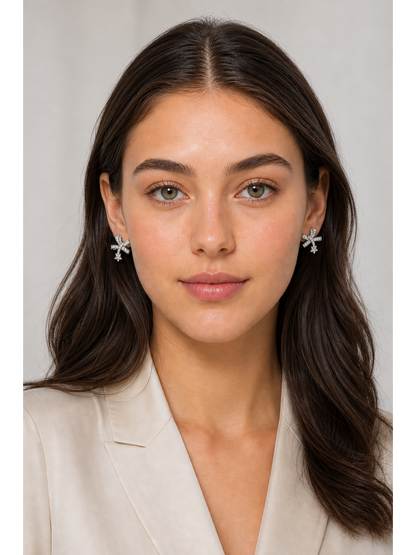 Bow And Star Zircon Rhodium with Sterling Silver Posts Earring 2