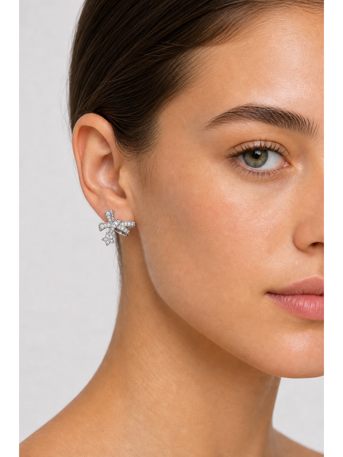 Bow And Star Zircon Rhodium with Sterling Silver Posts Earring 3