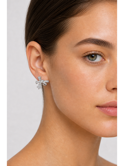 Bow And Star Zircon Rhodium with Sterling Silver Posts Earring 3