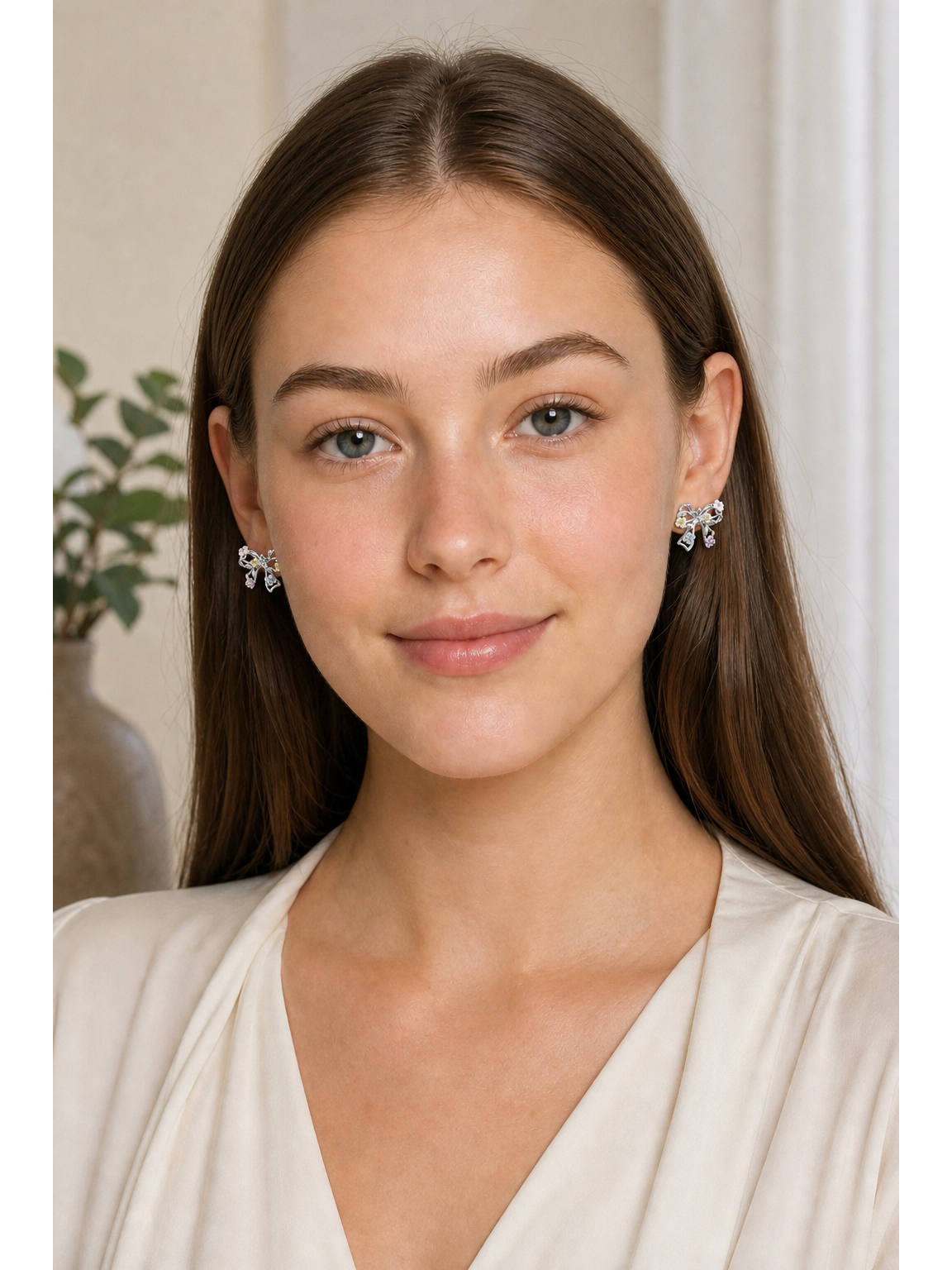 Bow Floral Rhodium with Sterling Silver Posts Earring 2