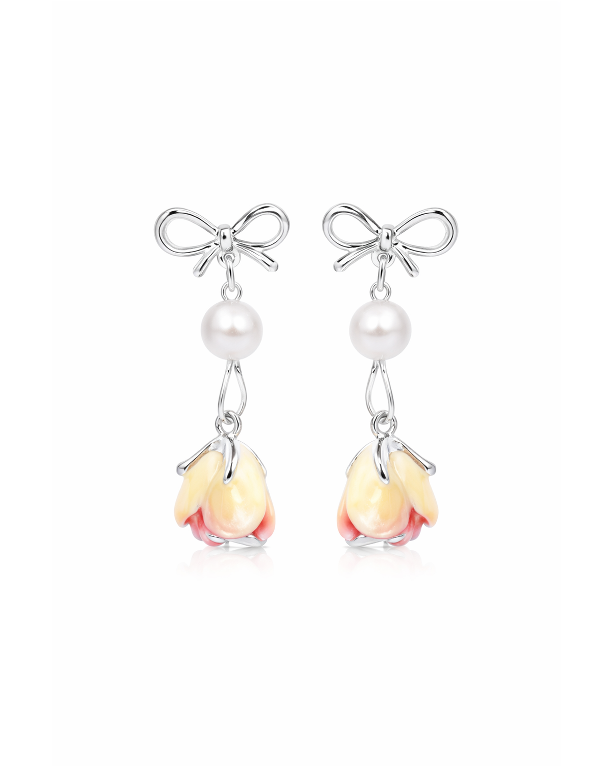 Bow Pearl And Pink Flower Drop Rhodium with Sterling Silver Posts Earring 1