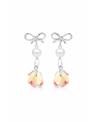 Bow Pearl And Pink Flower Drop Rhodium with Sterling Silver Posts Earring 1