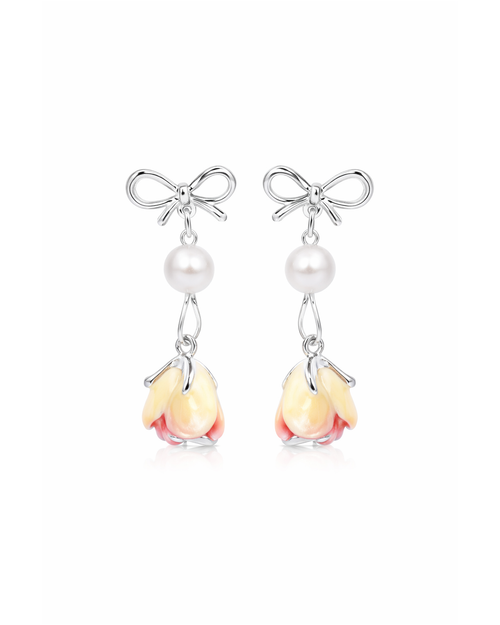 Bow Pearl And Pink Flower Drop Rhodium with Sterling Silver Posts Earring