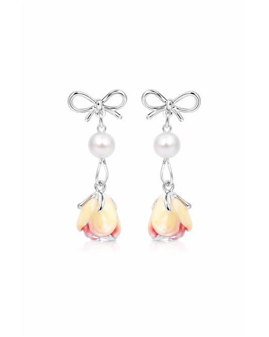 Bow Pearl And Pink Flower Drop Rhodium with Sterling Silver Posts Earring 1