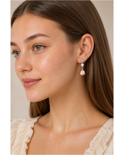 Bow Pearl And Pink Flower Drop Rhodium with Sterling Silver Posts Earring 3