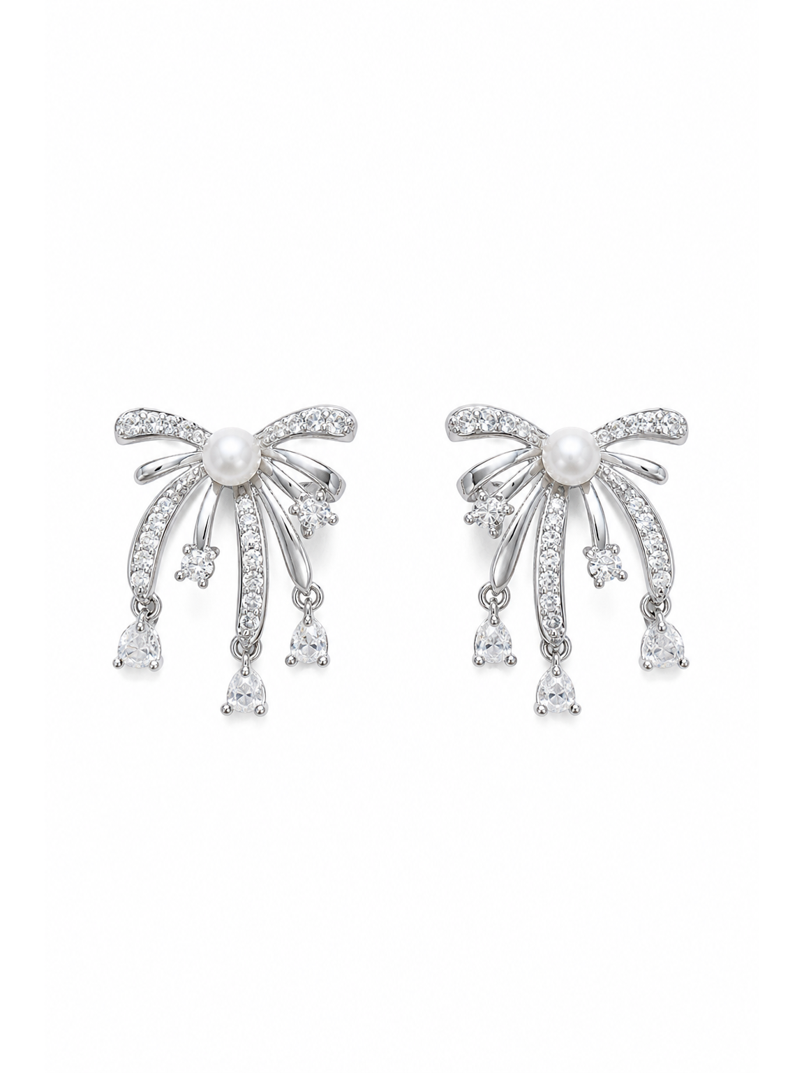 Bow Pearl & Zircon Tassel Rhodium with Sterling Silver Posts Earring 1