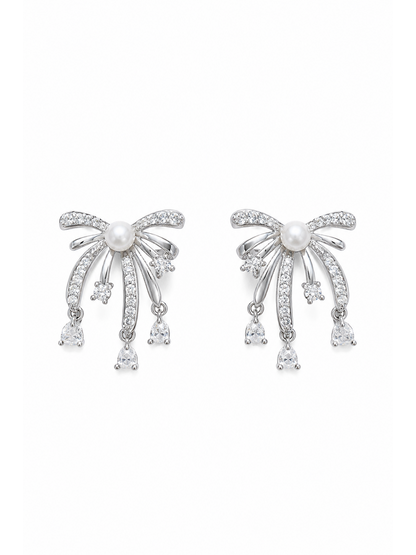 Bow Pearl & Zircon Tassel Rhodium with Sterling Silver Posts Earring 1