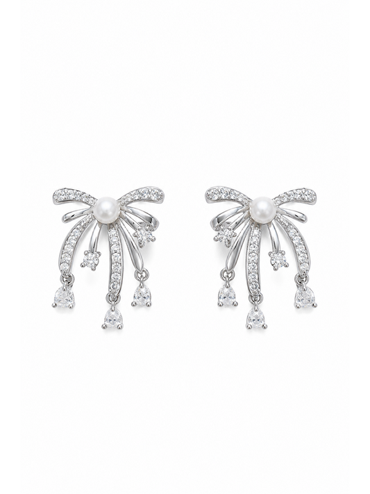 Bow Pearl & Zircon Tassel Rhodium with Sterling Silver Posts Earring 1
