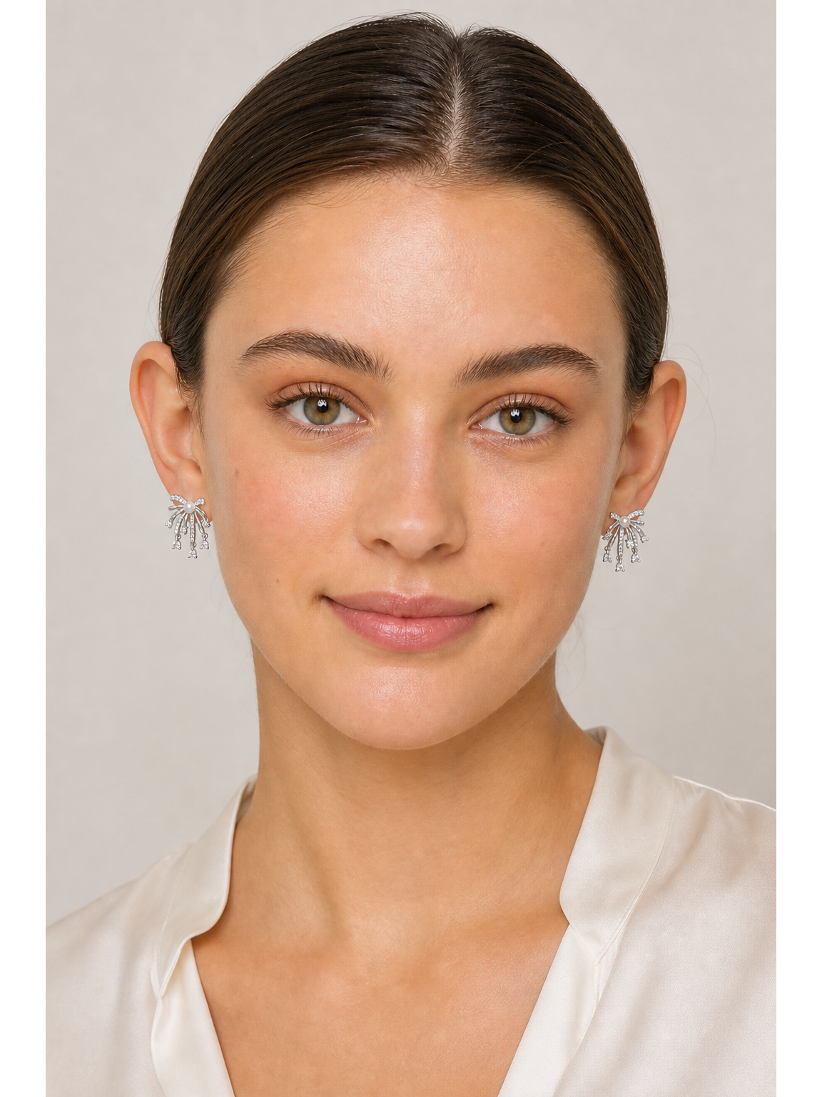 Bow Pearl & Zircon Tassel Rhodium with Sterling Silver Posts Earring 2