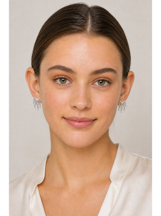 Bow Pearl & Zircon Tassel Rhodium with Sterling Silver Posts Earring 2