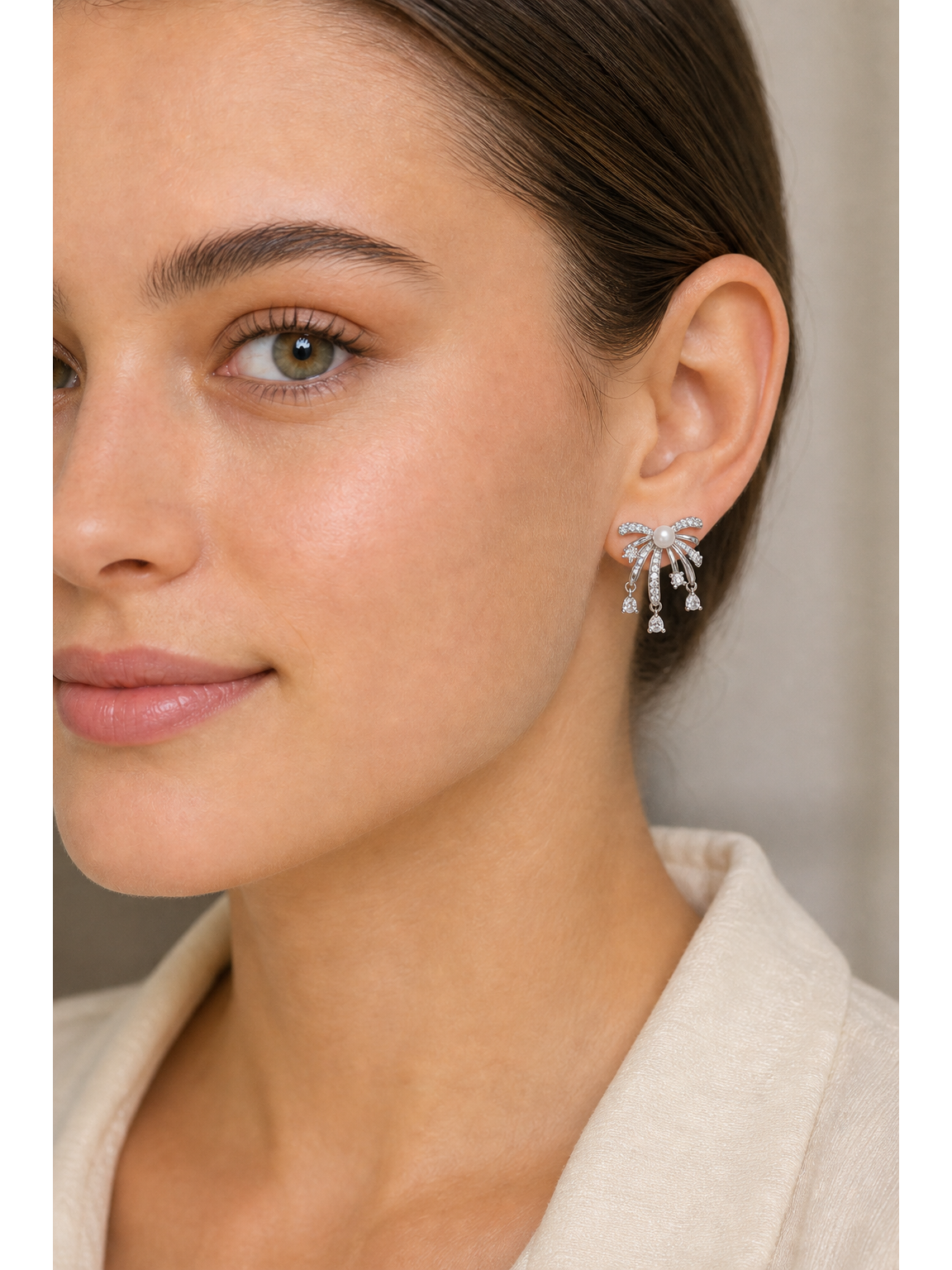 Bow Pearl & Zircon Tassel Rhodium with Sterling Silver Posts Earring 3