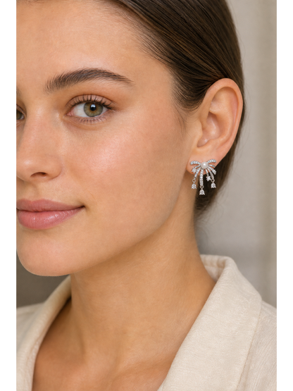 Bow Pearl & Zircon Tassel Rhodium with Sterling Silver Posts Earring 3