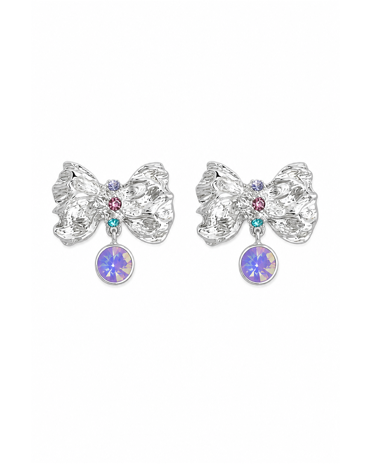 Bow With Iridescent Zircon Drop Rhodium with Sterling Silver Posts Earring 1