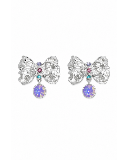 Bow With Iridescent Zircon Drop Rhodium with Sterling Silver Posts Earring 1