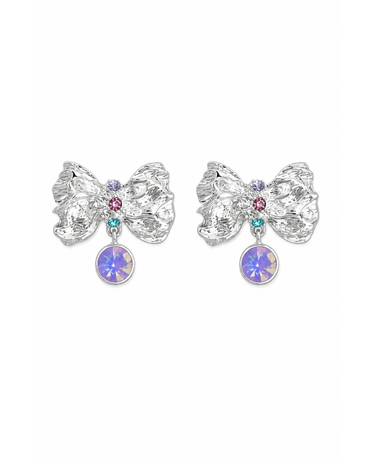 Bow With Iridescent Zircon Drop Rhodium with Sterling Silver Posts Earring 1