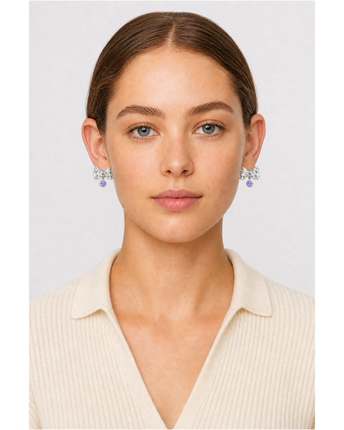 Bow With Iridescent Zircon Drop Rhodium with Sterling Silver Posts Earring 2