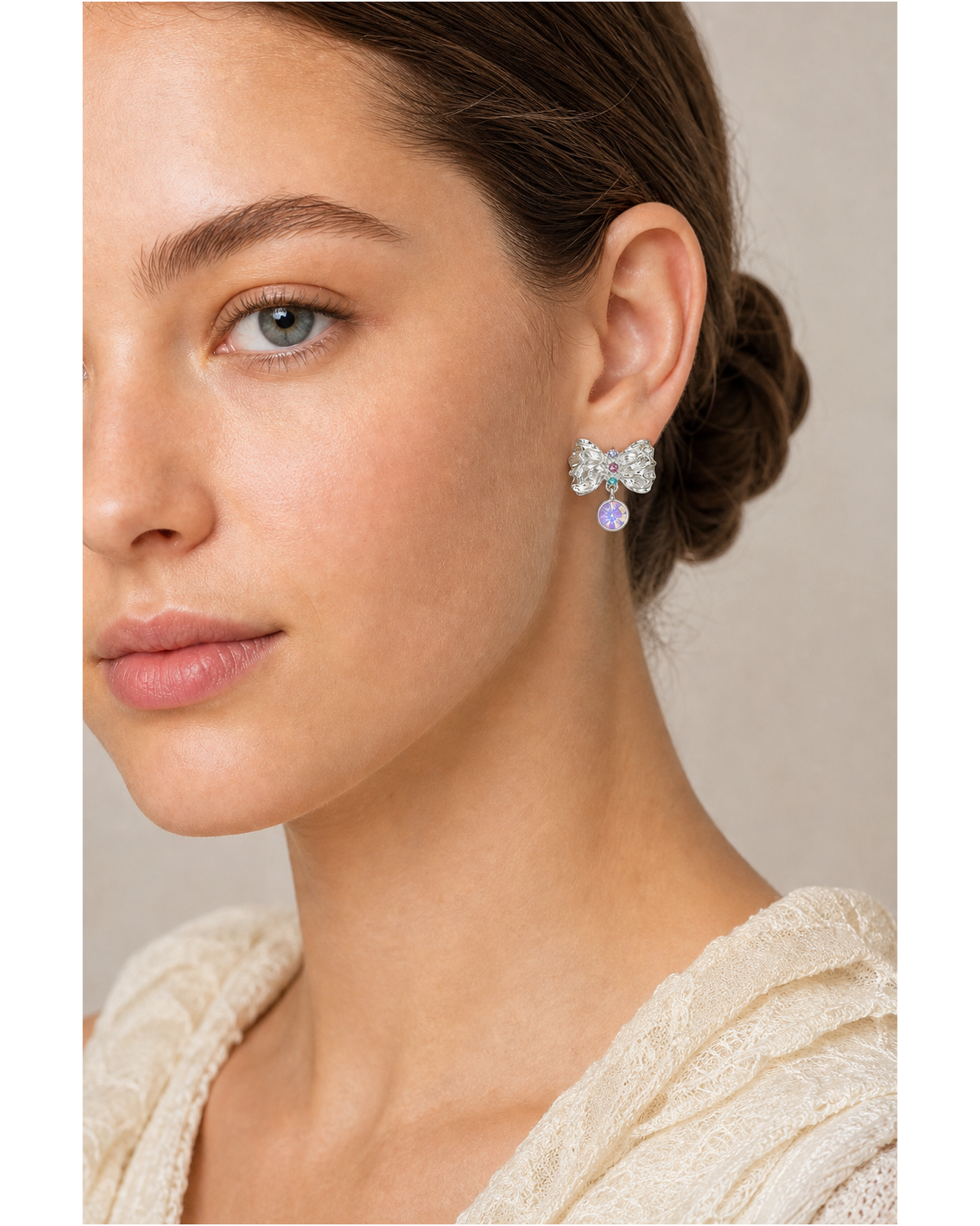 Bow With Iridescent Zircon Drop Rhodium with Sterling Silver Posts Earring 3