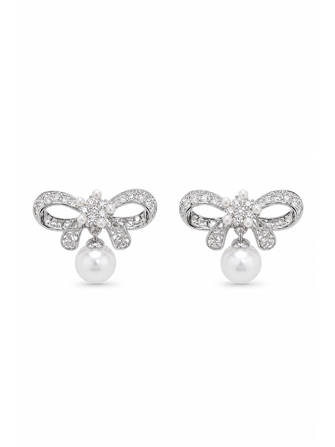 Bow With Zircon And Pearl Drop Rhodium with Sterling Silver Posts Earring 1