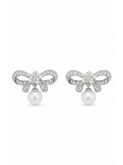 Bow With Zircon And Pearl Drop Rhodium with Sterling Silver Posts Earring 1