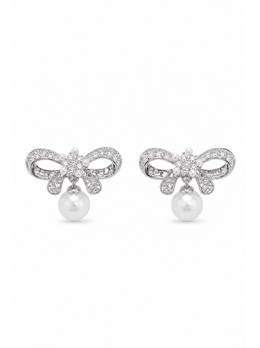 Bow With Zircon And Pearl Drop Rhodium with Sterling Silver Posts Earring 1
