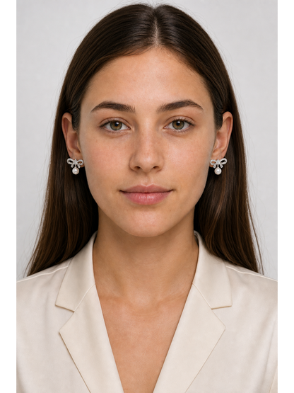 Bow With Zircon And Pearl Drop Rhodium with Sterling Silver Posts Earring 2