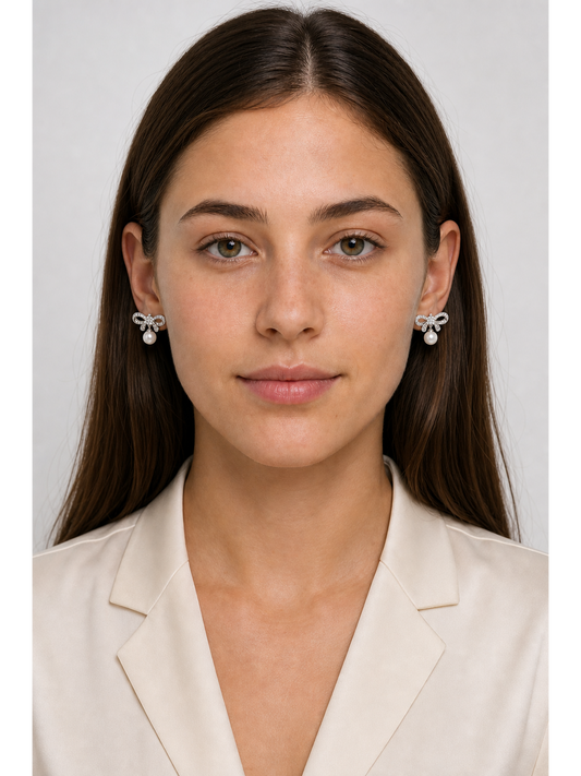 Bow With Zircon And Pearl Drop Rhodium with Sterling Silver Posts Earring 2