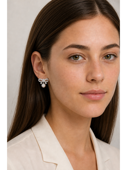 Bow With Zircon And Pearl Drop Rhodium with Sterling Silver Posts Earring 3