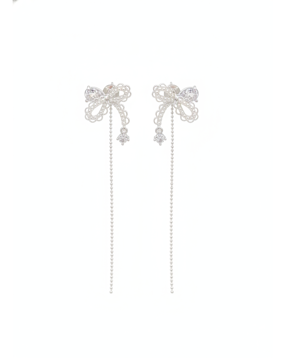 Bow Tassel Rhodium with Sterling Silver Posts Earring 1
