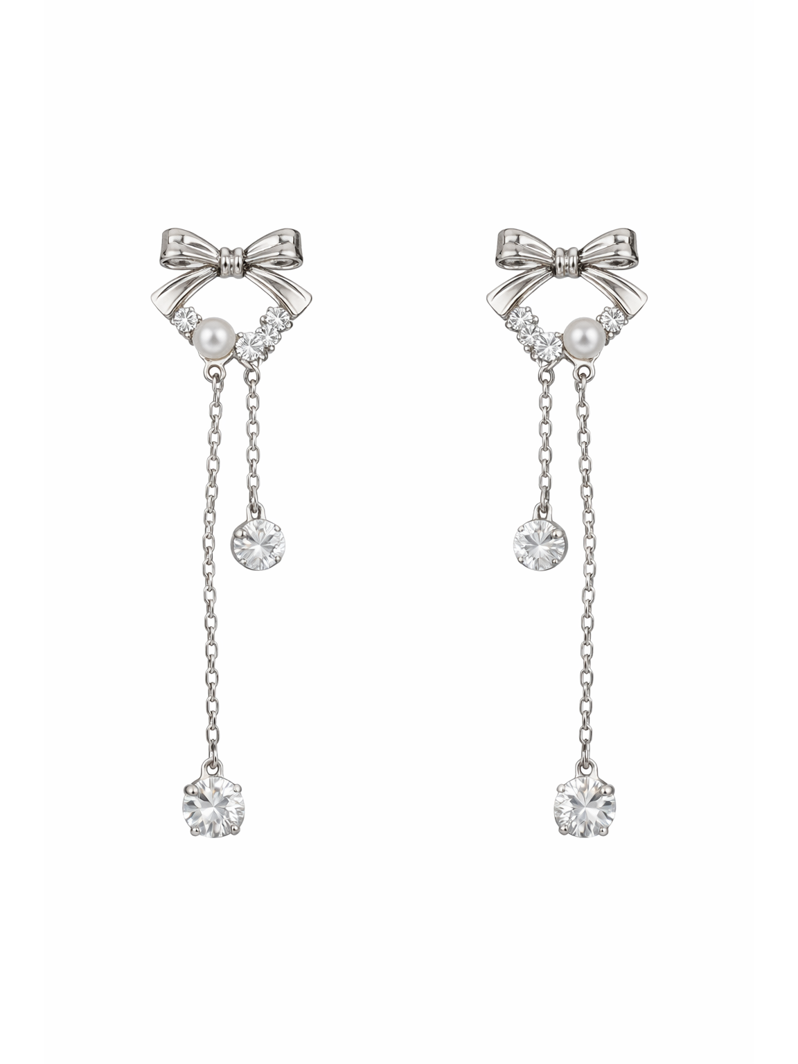 Bow Tassel With Zircon Accents Rhodium with Sterling Silver Posts Earring 1