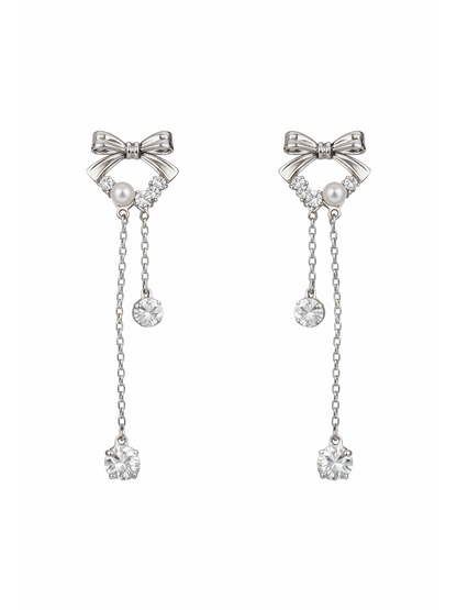 Bow Tassel With Zircon Accents Rhodium with Sterling Silver Posts Earring 1