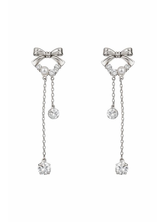 Bow Tassel With Zircon Accents Rhodium with Sterling Silver Posts Earring 1