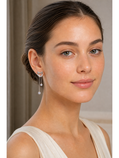 Bow Tassel With Zircon Accents Rhodium with Sterling Silver Posts Earring 3
