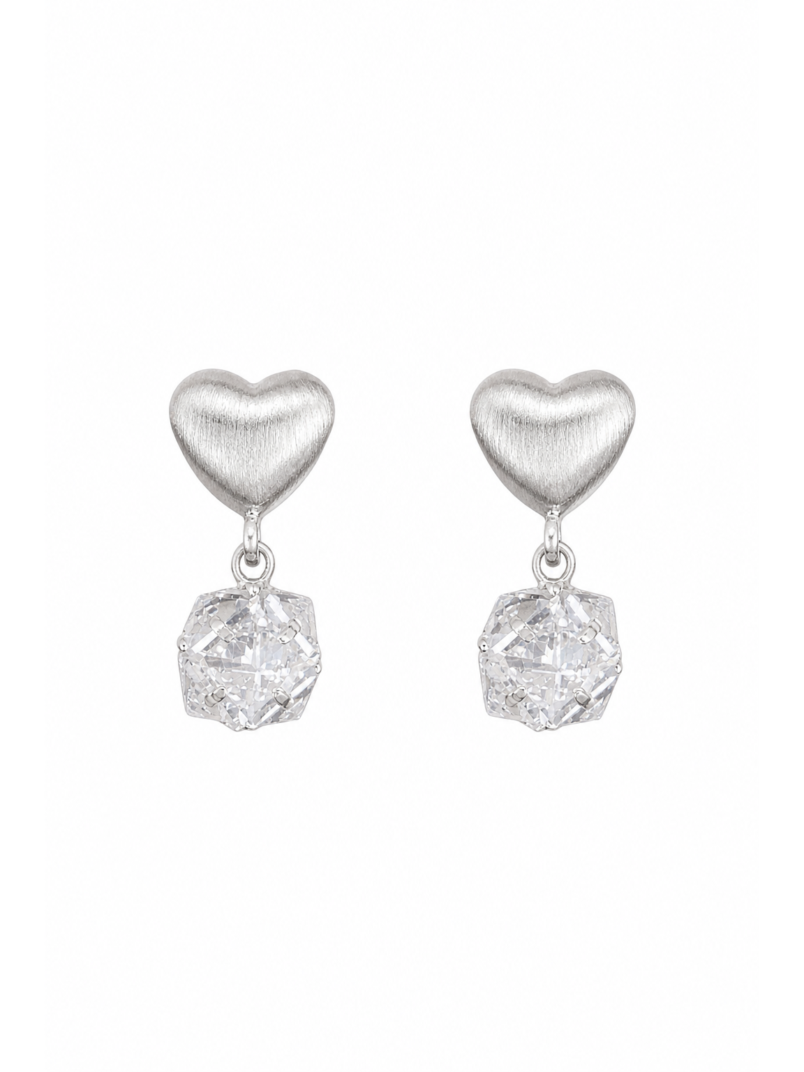 Brushed Heart Drop With Cubic Zirconia Rhodium with Sterling Silver Posts Earring 1
