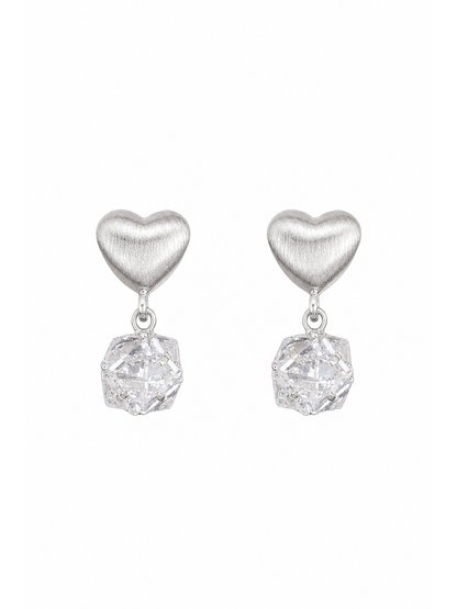 Brushed Heart Drop With Cubic Zirconia Rhodium with Sterling Silver Posts Earring 1