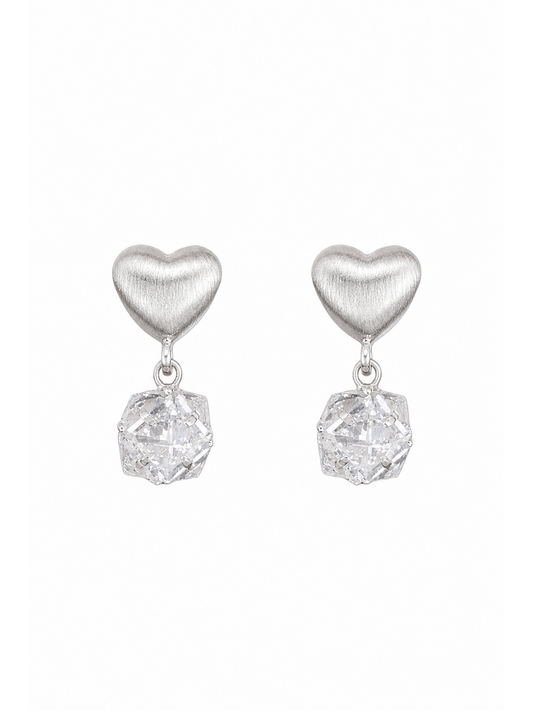 Brushed Heart Drop With Cubic Zirconia Rhodium with Sterling Silver Posts Earring 1