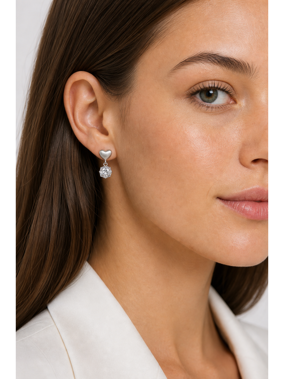 Brushed Heart Drop With Cubic Zirconia Rhodium with Sterling Silver Posts Earring 3