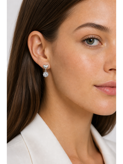 Brushed Heart Drop With Cubic Zirconia Rhodium with Sterling Silver Posts Earring 3
