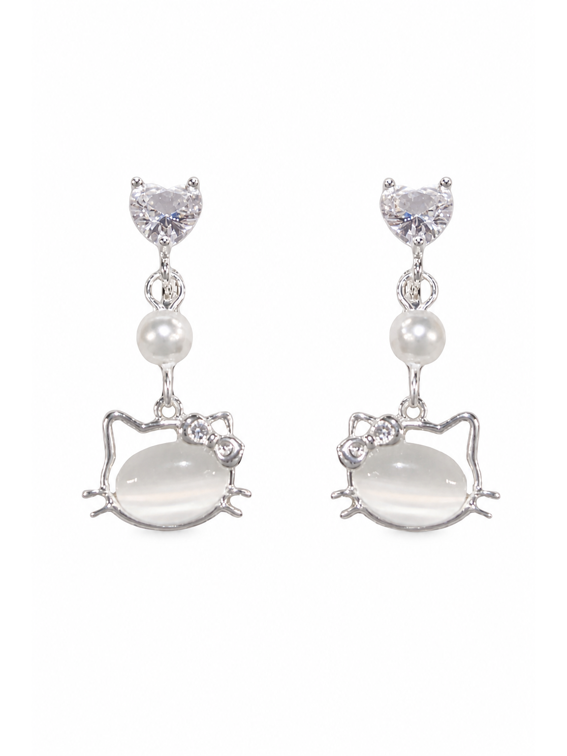 Cat Face Heart Zircon Drop Rhodium with Sterling Silver Posts Earring 1