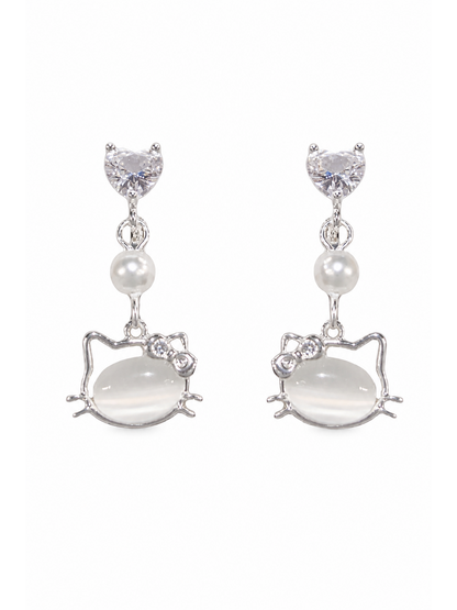 Cat Face Heart Zircon Drop Rhodium with Sterling Silver Posts Earring 1